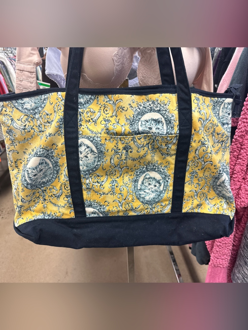 Victorian Cat Toile Tote Bag Yellow & Navy